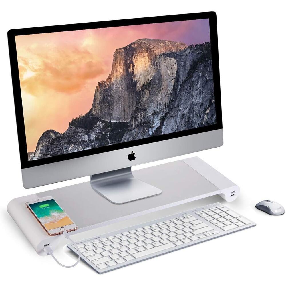 PG Silver Monitor Stand Riser with 4-Port USB Charging ports, keyboard computer
